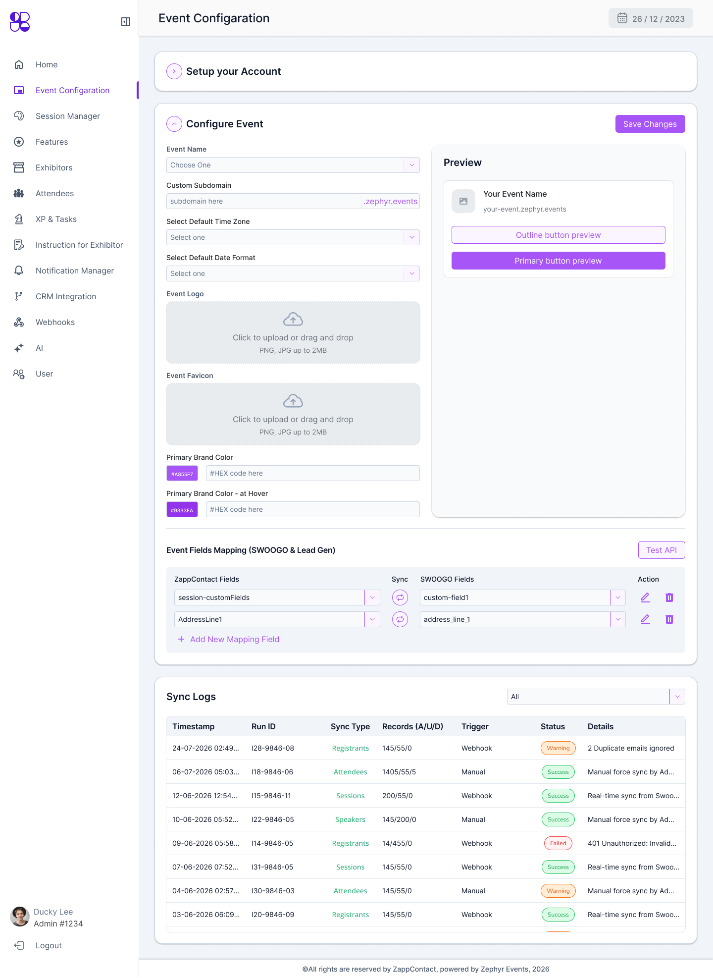 Organizer event setup screen