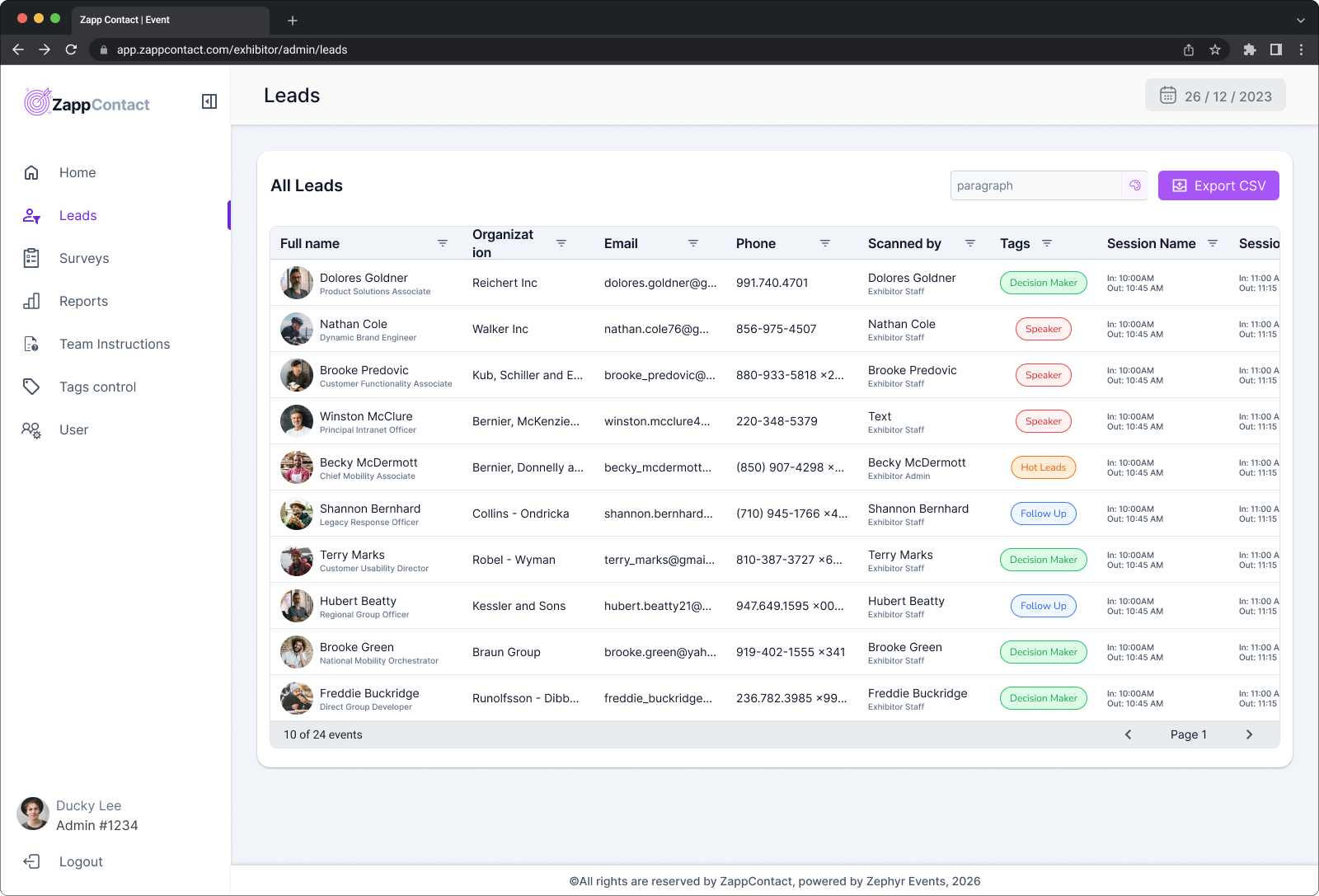 Exhibitor admin lead list in a browser