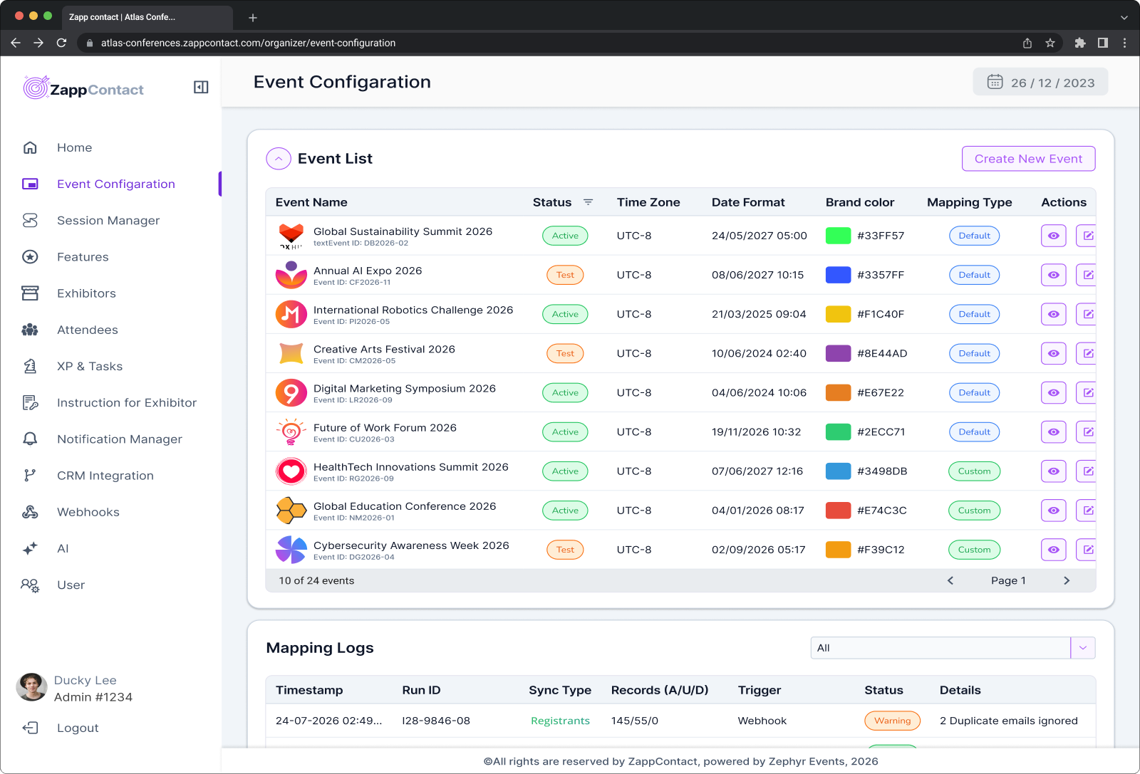 Organizer event-configuration dashboard