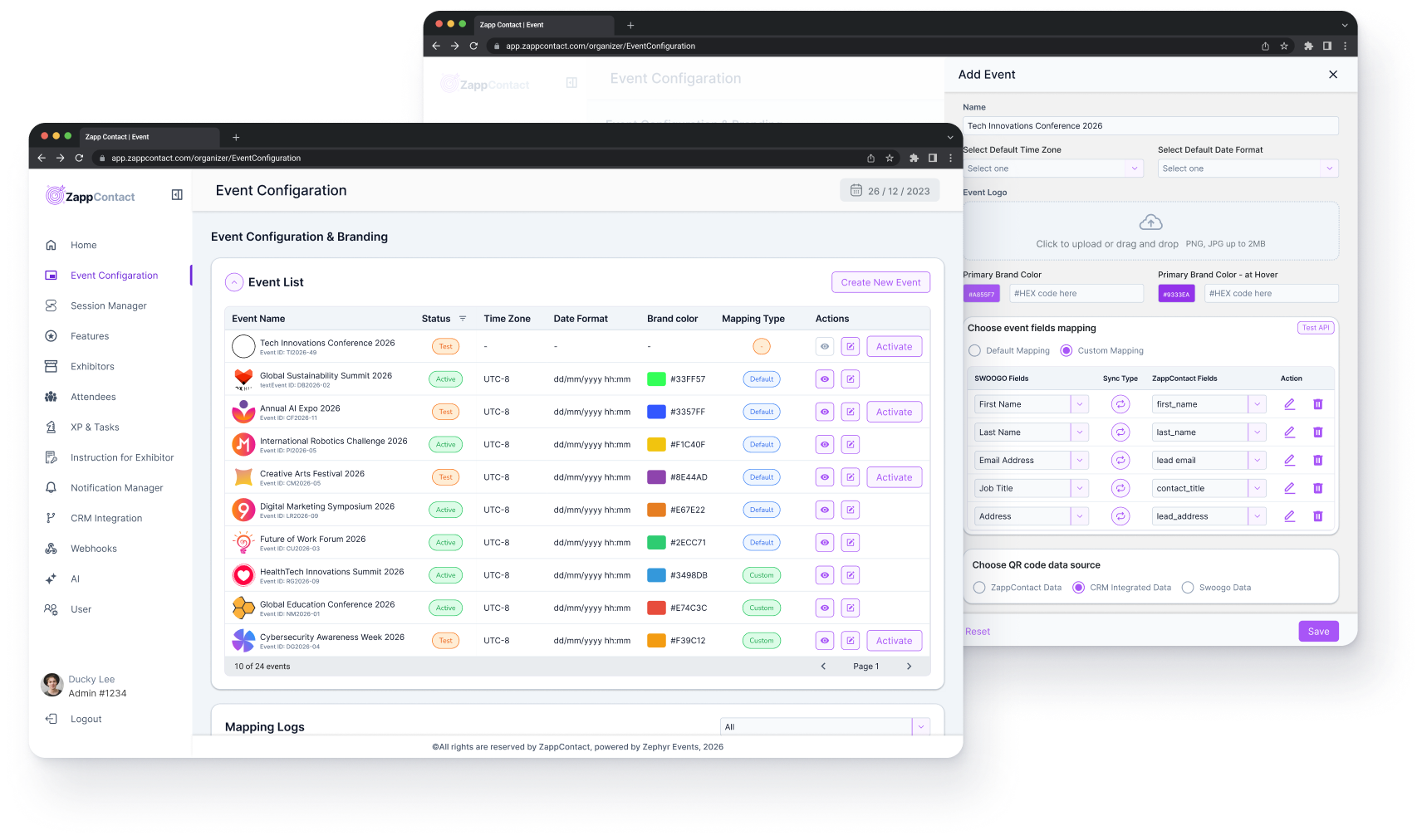 Organizer event configuration with Add Event modal