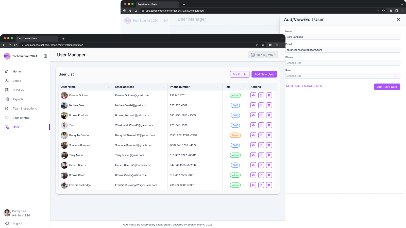 Organizer user manager with the Add User modal
