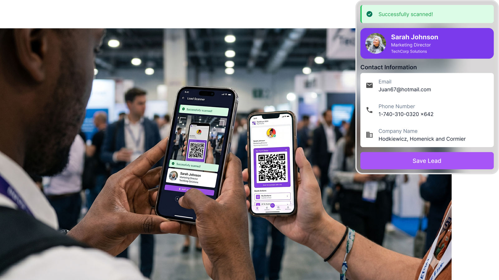 Booth staff scanning a visitor badge at a trade show