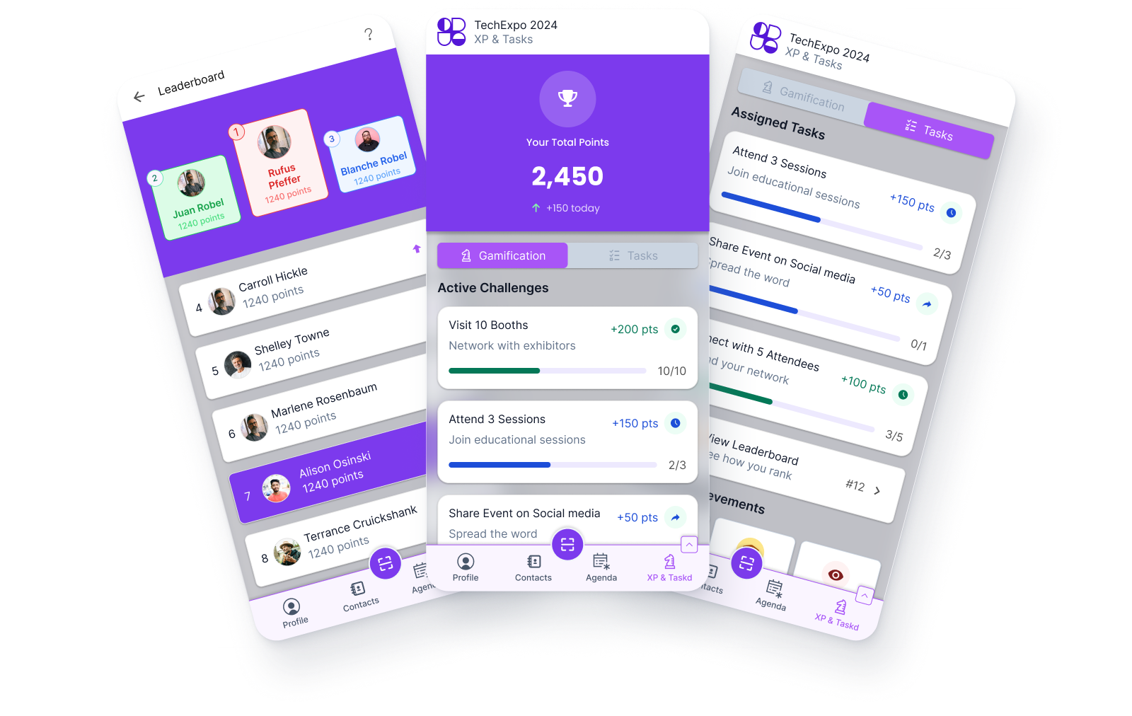 Mobile leaderboard, XP, tasks, and active challenges screens